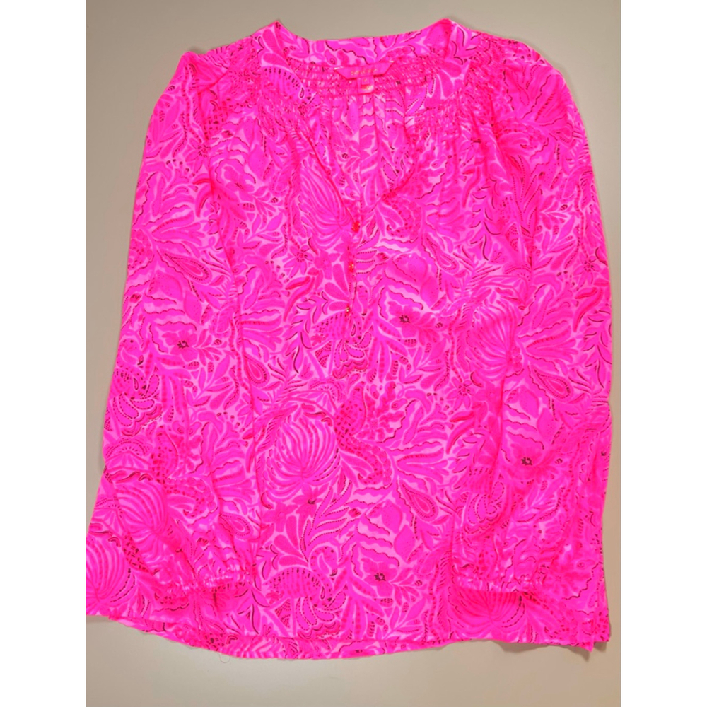 Lilly Pulitzer Womans Top Pink Black Floral Silk Blouse XL Resort Summer - Picture 7 of 7